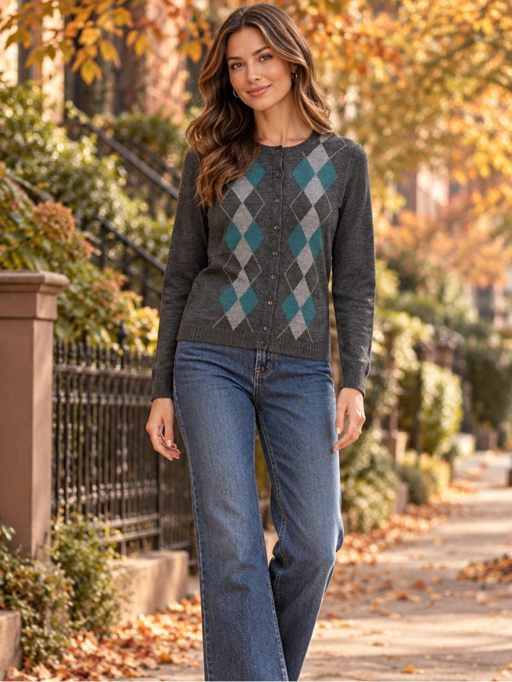 Croft & Barrow Petite Medium Argyle Cardigan Sweater Gray Teal Academia